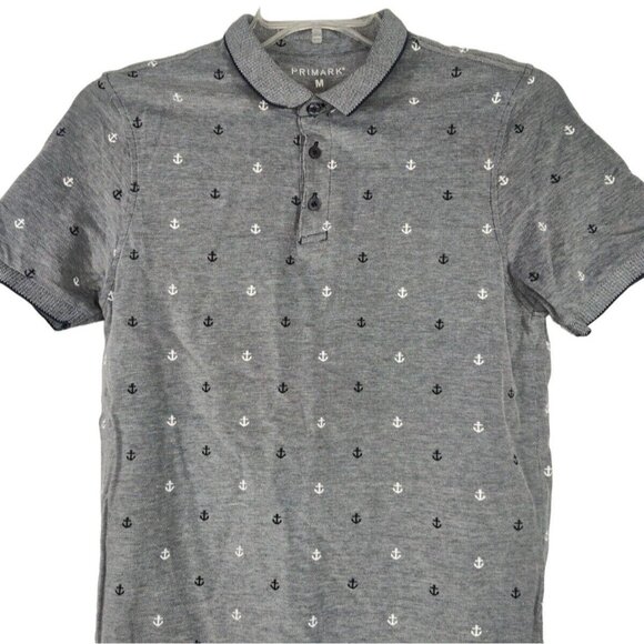Primark Polo Shirt Collared Men Size M Blue Nautical Anchors Short Sleeve - Picture 2 of 9